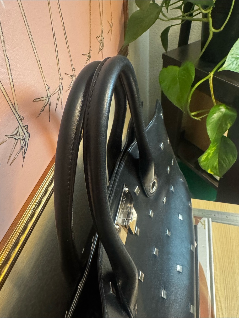 Jimmy Choo Black Studded Leather Tote Silver Hardware Structured Bag - Picture 2 of 9